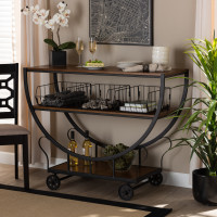 Baxton Studio YLX-0906-015-Console Cart Frieda Rustic and Industrial Farmhouse Walnut Brown Finished Wood and Black Finished Metal Console Cart